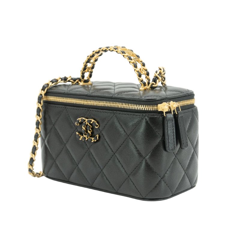 Chanel 展示品 菱格羊皮縷空金手把二用化妝包(AP3663-黑)-1