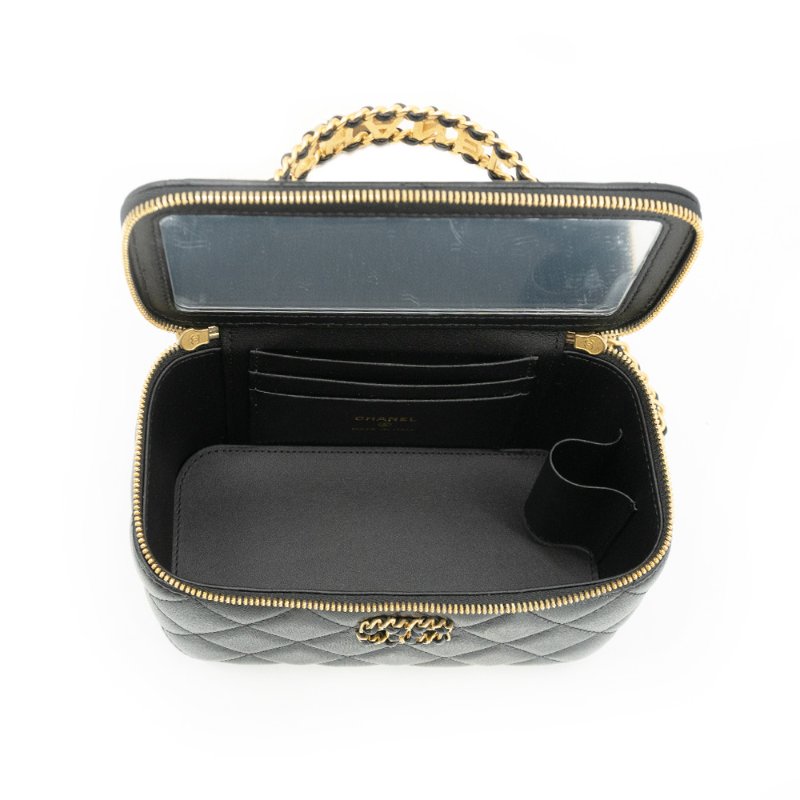 Chanel 展示品 菱格羊皮縷空金手把二用化妝包(AP3663-黑)-4