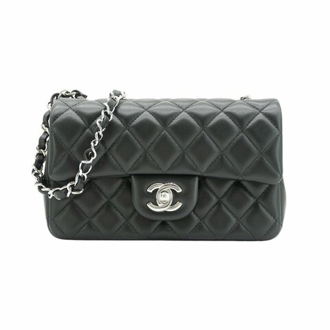 Chanel 展示品 Mini Flap 銀雙C菱格小羊皮斜背鍊包-20cm(A69900-黑)