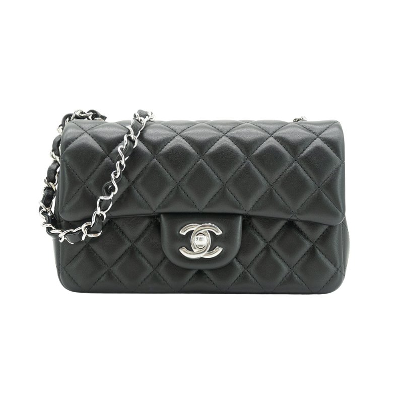 Chanel 展示品 Mini Flap 銀雙C菱格小羊皮斜背鍊包-20cm(A69900-黑)-0