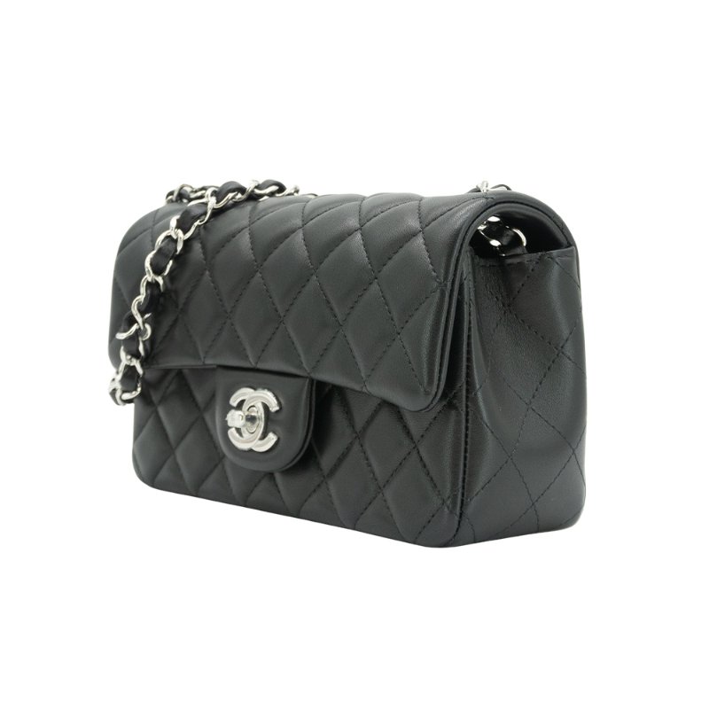 Chanel 展示品 Mini Flap 銀雙C菱格小羊皮斜背鍊包-20cm(A69900-黑)-1