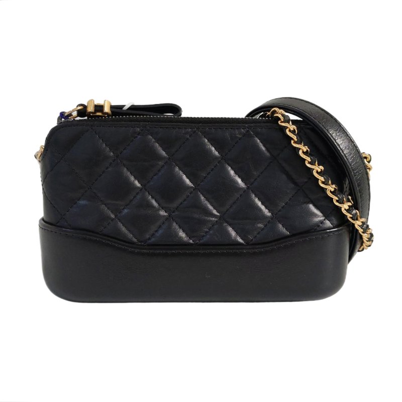 CHANEL GABRIELLE迷你黑色牛皮菱格紋絎縫流浪包單肩包手提包斜挎包金色銀色五金24開可拆卸肩-0