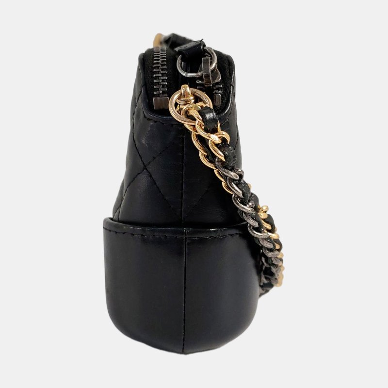 CHANEL GABRIELLE迷你黑色牛皮菱格紋絎縫流浪包單肩包手提包斜挎包金色銀色五金24開可拆卸肩-2