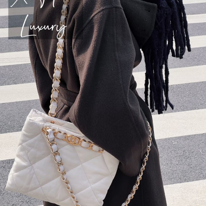 CHANEL 22BHobo雙鍊單肩包 - 白金-1