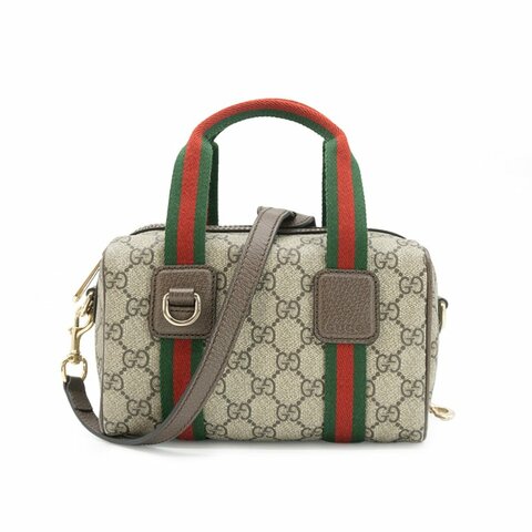 Gucci 展示品 Mini GG Supreme 帆布紅綠織帶手提二用波士頓包(859975-米/棕)