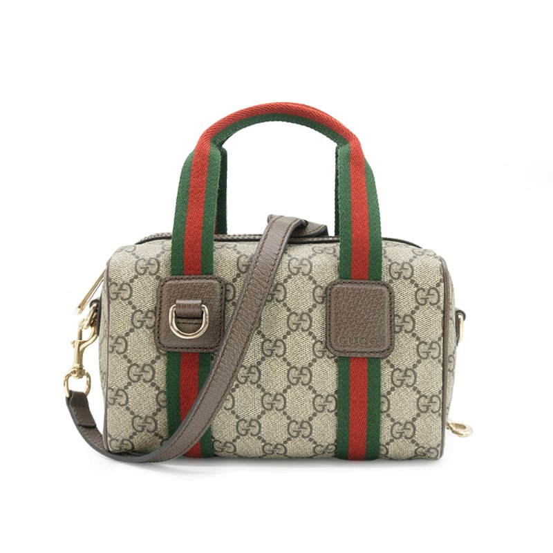 Gucci 展示品 Mini GG Supreme 帆布紅綠織帶手提二用波士頓包(859975-米/棕)-0