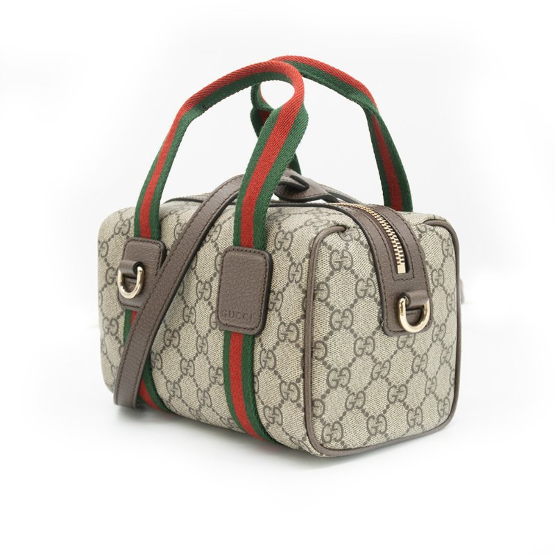 Gucci 展示品 Mini GG Supreme 帆布紅綠織帶手提二用波士頓包(859975-米/棕)-1