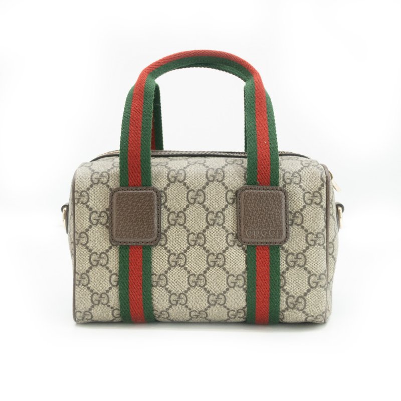 Gucci 展示品 Mini GG Supreme 帆布紅綠織帶手提二用波士頓包(859975-米/棕)-2