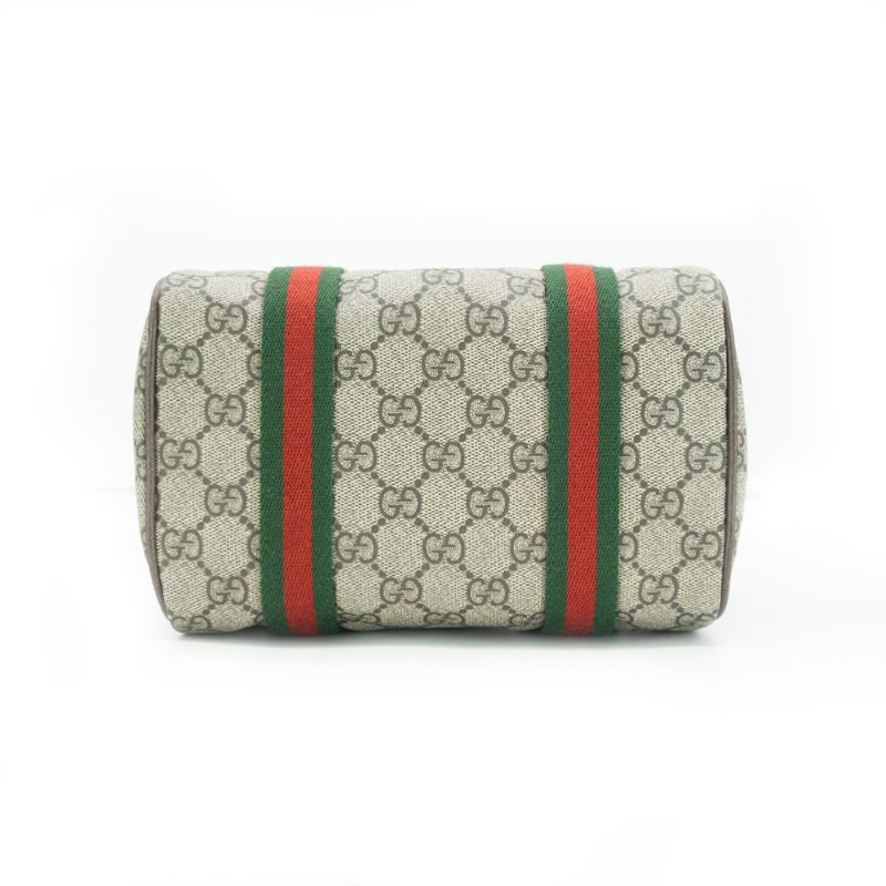 Gucci 展示品 Mini GG Supreme 帆布紅綠織帶手提二用波士頓包(859975-米/棕)-3