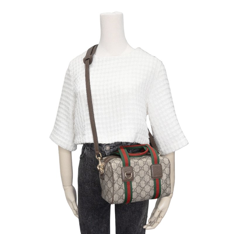 Gucci 展示品 Mini GG Supreme 帆布紅綠織帶手提二用波士頓包(859975-米/棕)-5