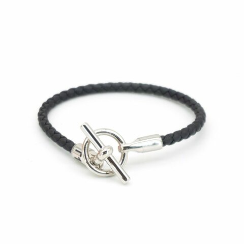 Hermes Glenan H Swift小牛皮編織手環 #T1(銀/黑)