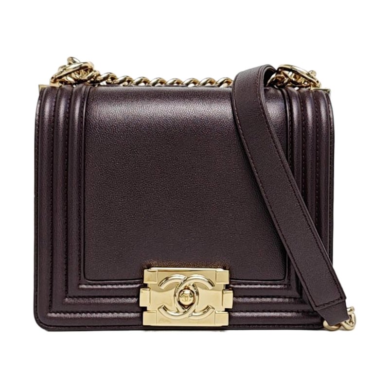 CHANEL BOY CHANEL深棕色荔枝紋牛皮單肩包金色五金可拆卸肩帶 晶片款 9.8新-0