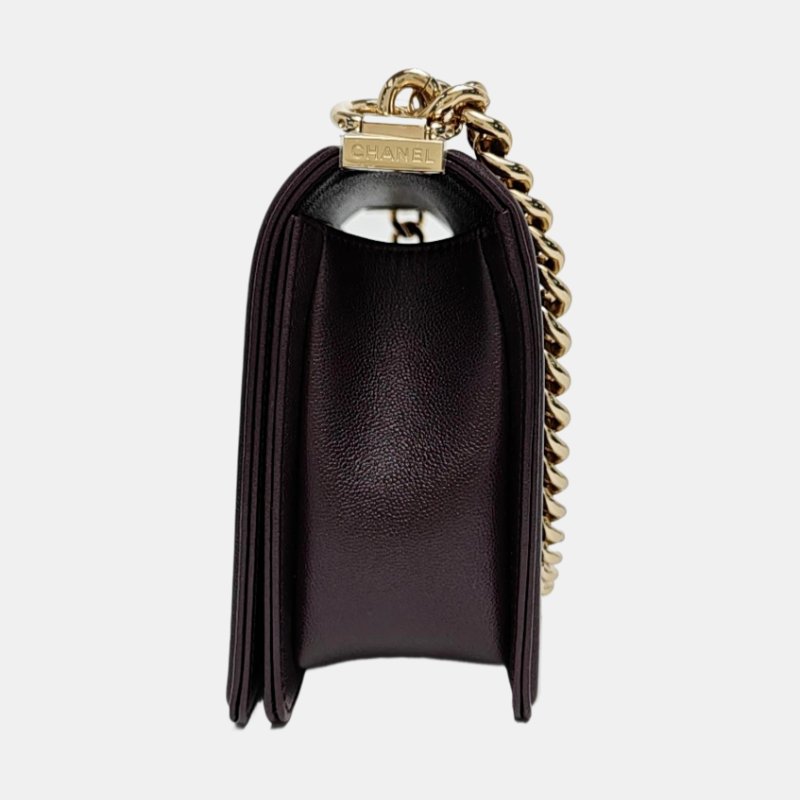 CHANEL BOY CHANEL深棕色荔枝紋牛皮單肩包金色五金可拆卸肩帶 晶片款 9.8新-2