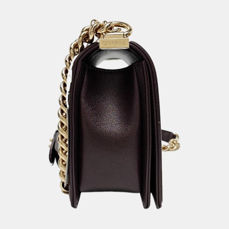 CHANEL BOY CHANEL深棕色荔枝紋牛皮單肩包金色五金可拆卸肩帶 晶片款 9.8新-3