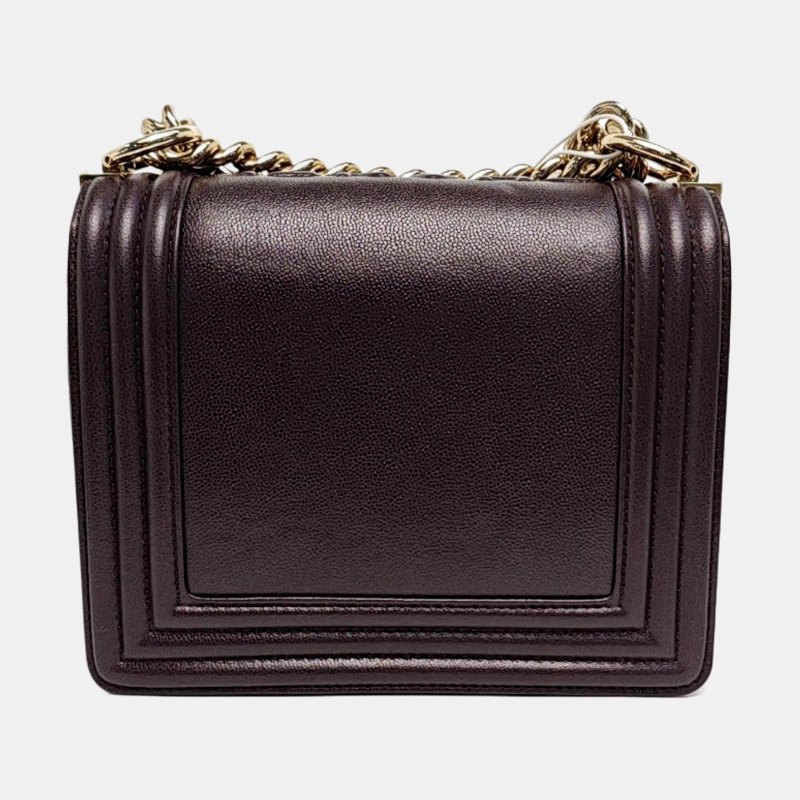 CHANEL BOY CHANEL深棕色荔枝紋牛皮單肩包金色五金可拆卸肩帶 晶片款 9.8新-4