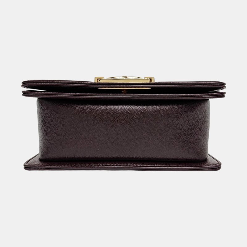 CHANEL BOY CHANEL深棕色荔枝紋牛皮單肩包金色五金可拆卸肩帶 晶片款 9.8新-5