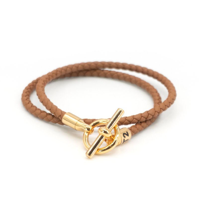 Hermes Glenan Double Tour Swift小牛皮編織雙圈手環#T2(玫瑰金/金棕)-0