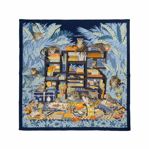 Hermes Les 12  喀什米爾混絲豹紋圖驣披巾/大方巾-140(中藍/綠/棕)