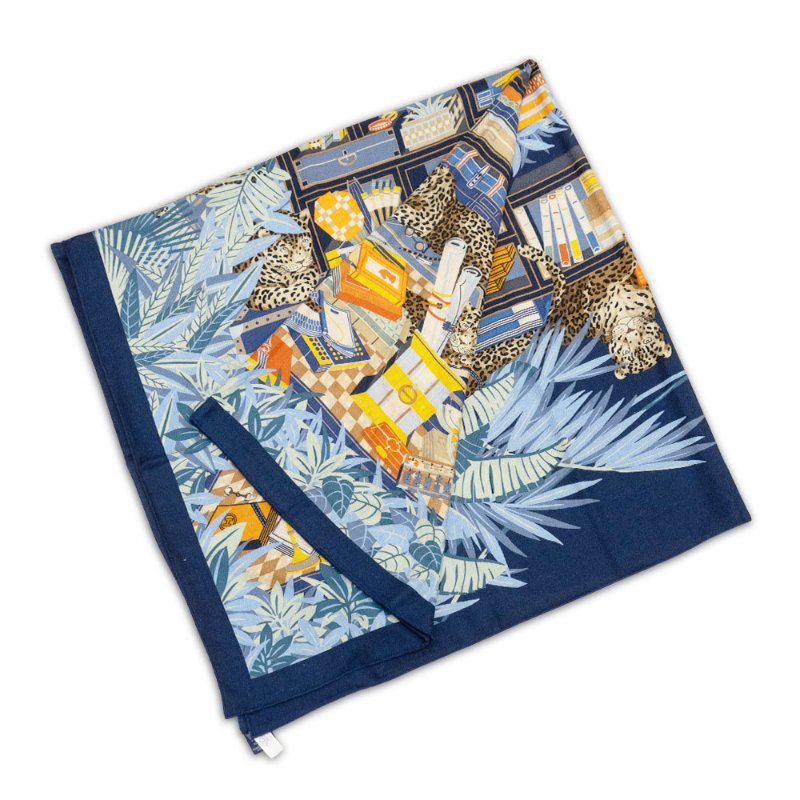 Hermes Les 12  喀什米爾混絲豹紋圖驣披巾/大方巾-140(中藍/綠/棕)-1