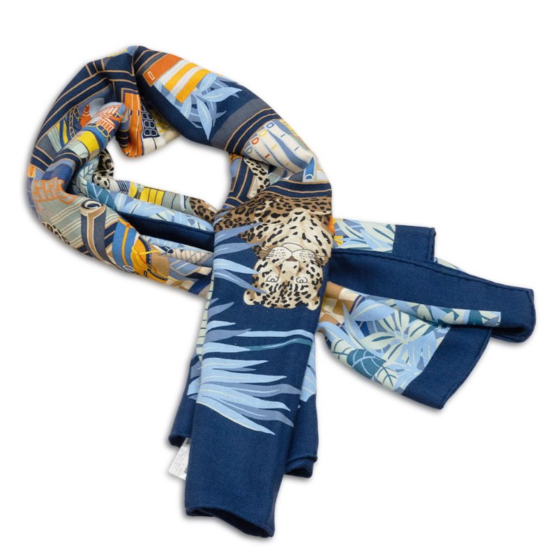 Hermes Les 12  喀什米爾混絲豹紋圖驣披巾/大方巾-140(中藍/綠/棕)-2