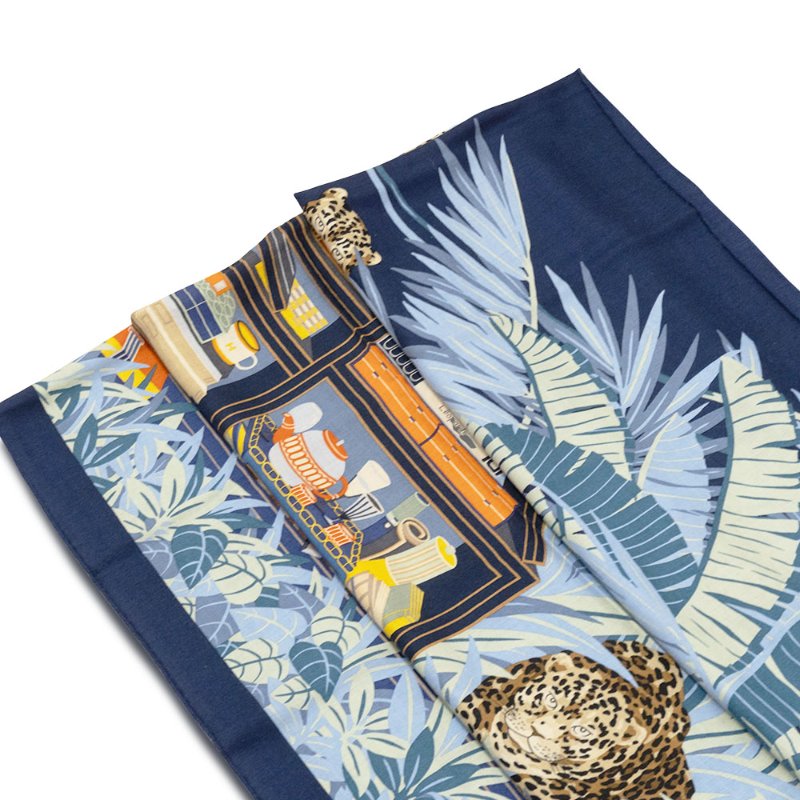 Hermes Les 12  喀什米爾混絲豹紋圖驣披巾/大方巾-140(中藍/綠/棕)-3