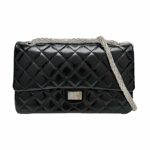 CHANEL 2.55 大號 黑色漆皮菱格紋單肩包斜挎包 銀色五金 14開 配件齊全