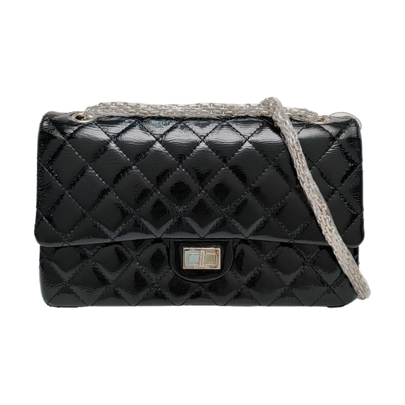 CHANEL 2.55 大號 黑色漆皮菱格紋單肩包斜挎包 銀色五金 14開 配件齊全-0