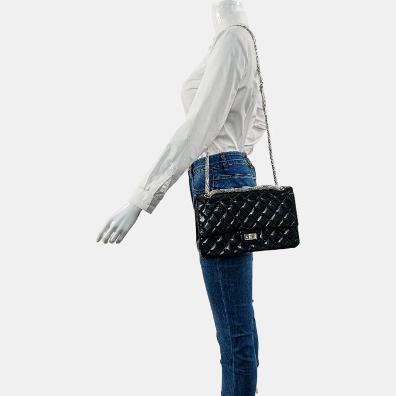 CHANEL 2.55 大號 黑色漆皮菱格紋單肩包斜挎包 銀色五金 14開 配件齊全-1