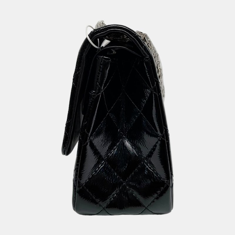 CHANEL 2.55 大號 黑色漆皮菱格紋單肩包斜挎包 銀色五金 14開 配件齊全-2