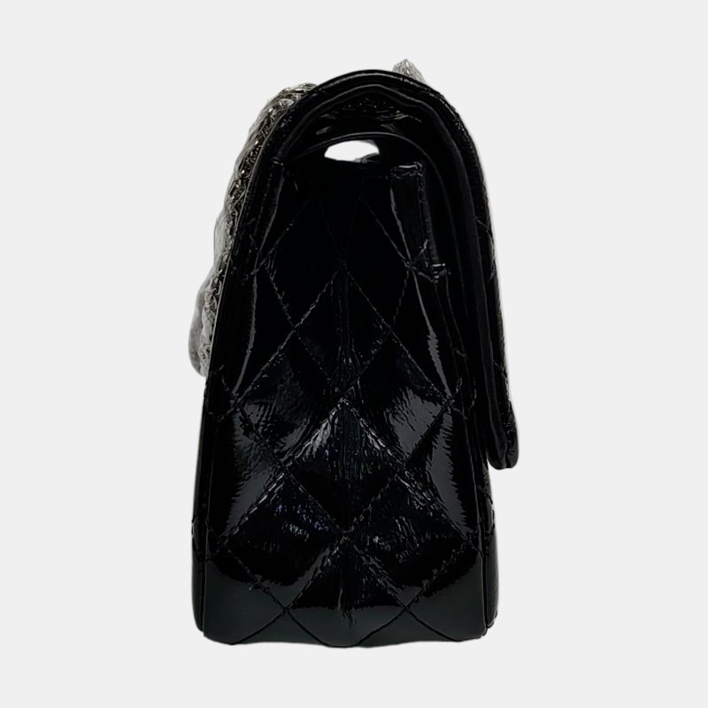 CHANEL 2.55 大號 黑色漆皮菱格紋單肩包斜挎包 銀色五金 14開 配件齊全-3