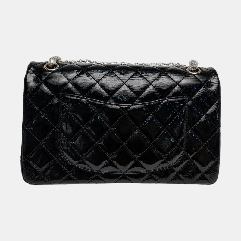 CHANEL 2.55 大號 黑色漆皮菱格紋單肩包斜挎包 銀色五金 14開 配件齊全-4