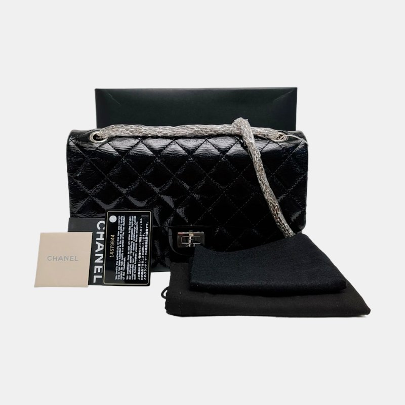 CHANEL 2.55 大號 黑色漆皮菱格紋單肩包斜挎包 銀色五金 14開 配件齊全-7