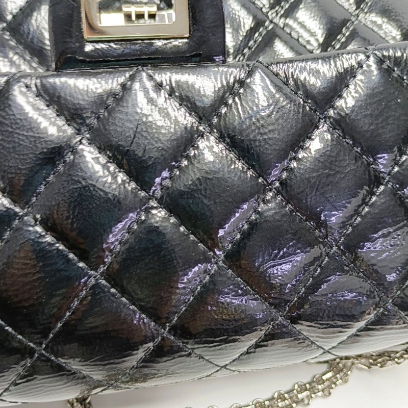 CHANEL 2.55 大號 黑色漆皮菱格紋單肩包斜挎包 銀色五金 14開 配件齊全-12