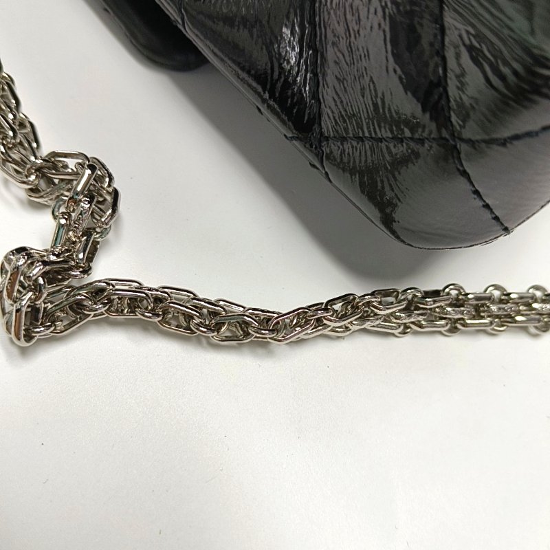 CHANEL 2.55 大號 黑色漆皮菱格紋單肩包斜挎包 銀色五金 14開 配件齊全-16