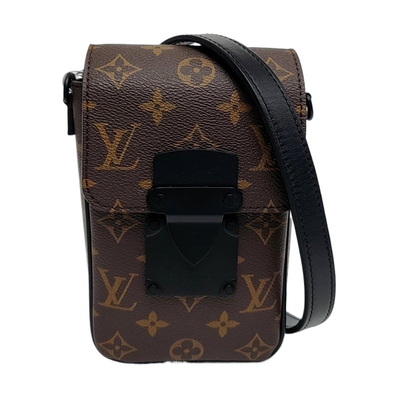 LOUIS VUITTON S LOCK迷你棕色塗層帆布老花單肩包黑色五金可拆卸肩帶-0