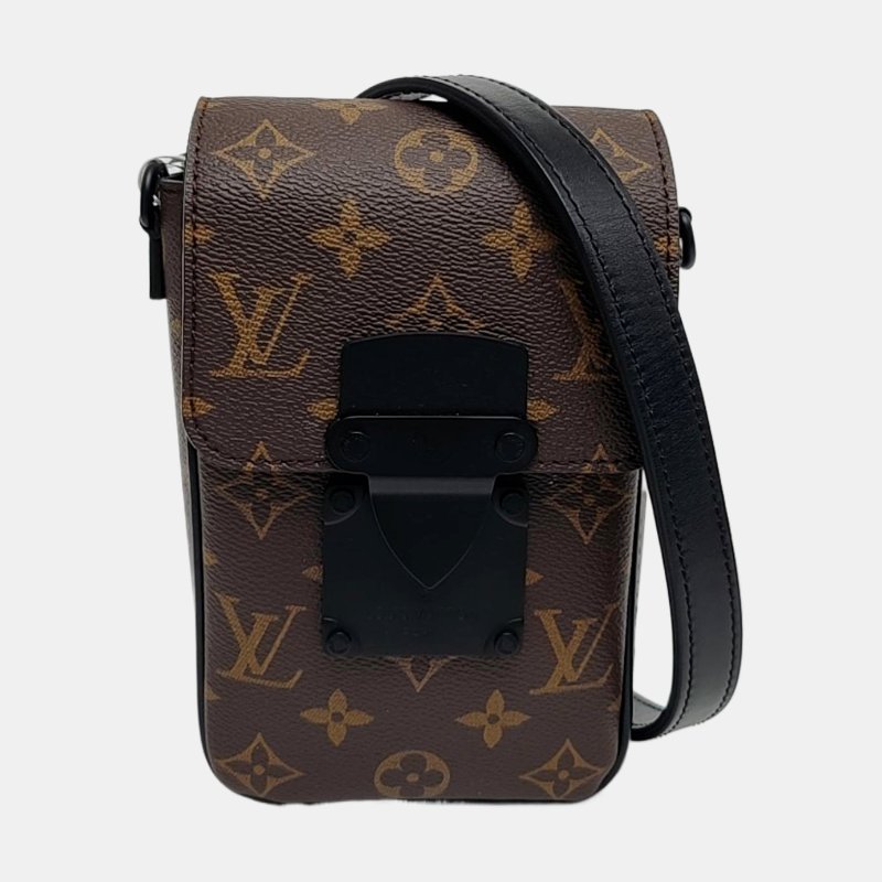 LOUIS VUITTON S LOCK迷你棕色塗層帆布老花單肩包黑色五金可拆卸肩帶-7