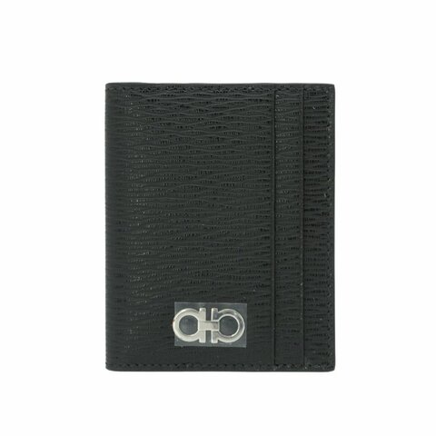 Ferragamo Gancini 防刮牛皮紅內裡直式對開卡包(740946-黑)