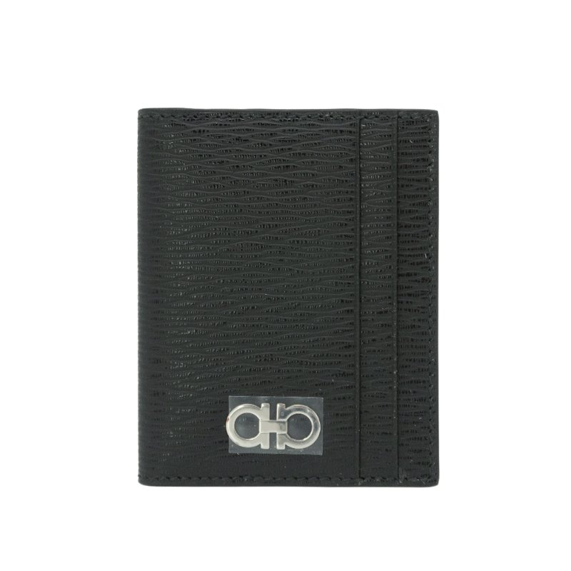 Ferragamo Gancini 防刮牛皮紅內裡直式對開卡包(740946-黑)-0