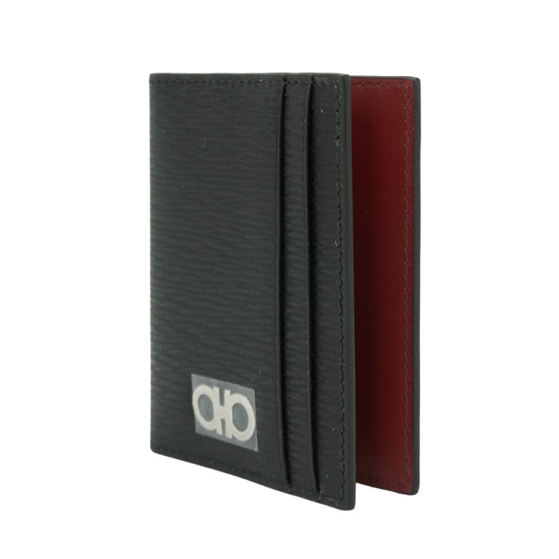 Ferragamo Gancini 防刮牛皮紅內裡直式對開卡包(740946-黑)-1