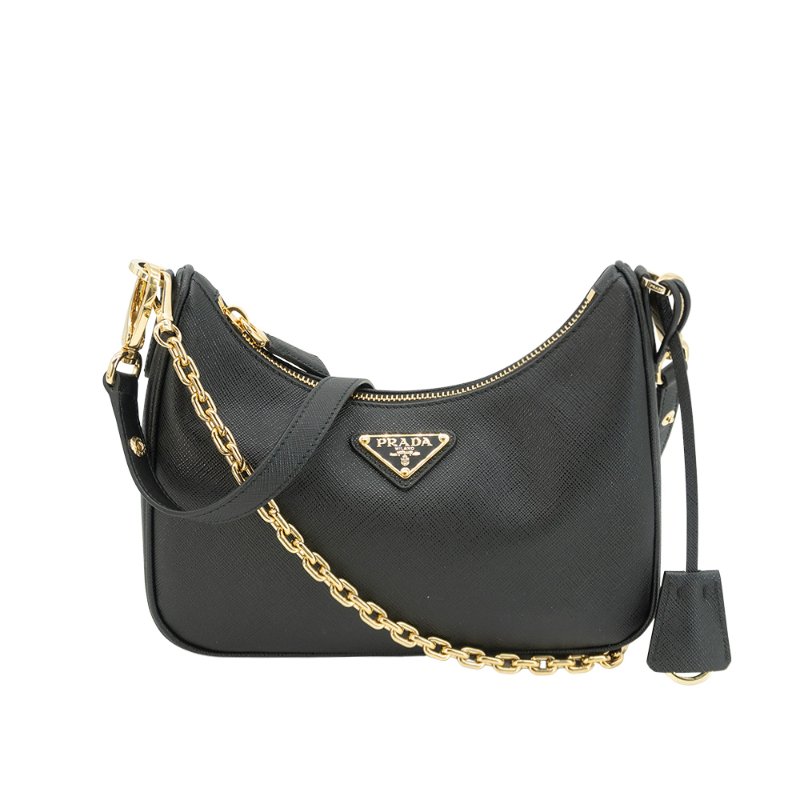 Prada Re-Edition Saffiano 金三角logo防刮皮革鍊帶hobo肩背包(1BC204-黑)-1