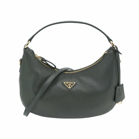 Prada Saffiano 金三角logo小牛皮彎月手提兩用包(1BC272-黑)