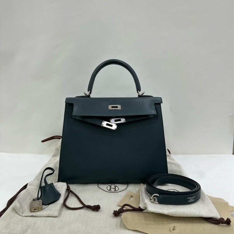 Hermes愛馬仕 Kelly25 6O 松柏綠 銀扣 山羊皮 Z刻 閒置-0