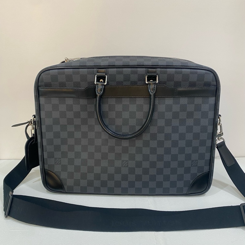 98新LV/路易威登經典灰配黑棋盤格公文包手提單肩斜挎包，尺寸40*30*10，肩帶鑰匙鎖一-0