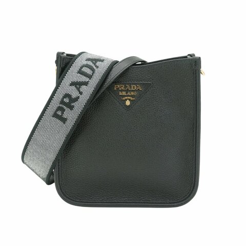 Prada 荔枝皮金三角浮雕logo直式斜背包(1BH191-黑)