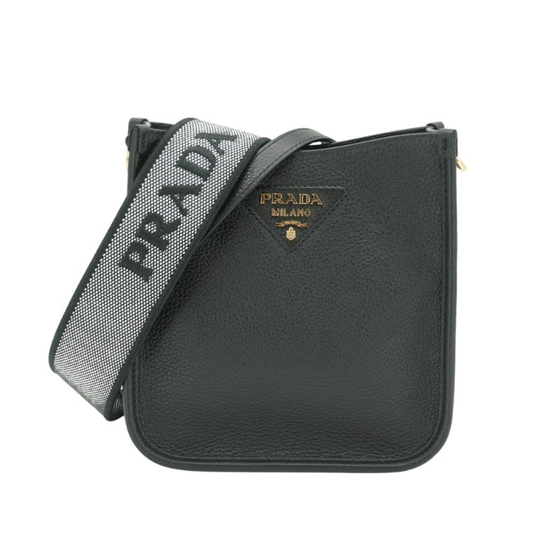 Prada 荔枝皮金三角浮雕logo直式斜背包(1BH191-黑)-0