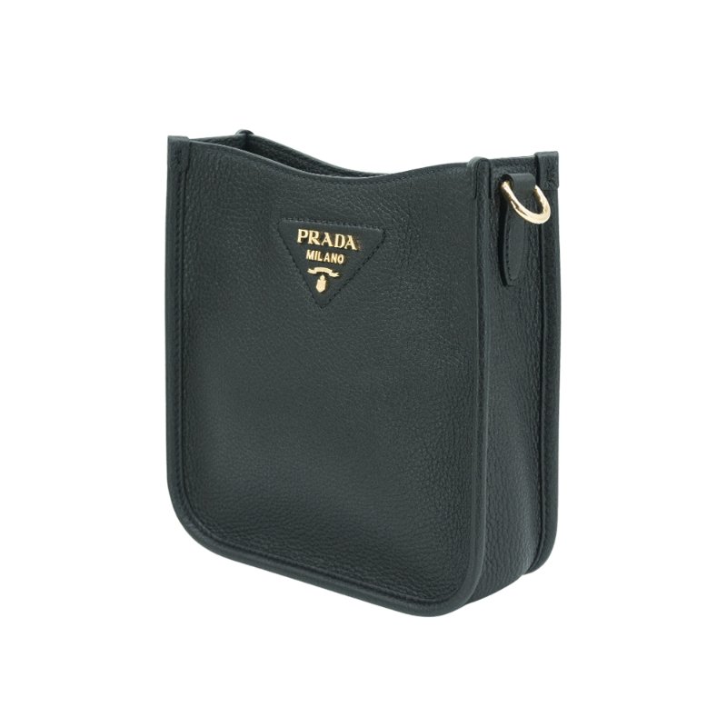 Prada 荔枝皮金三角浮雕logo直式斜背包(1BH191-黑)-1