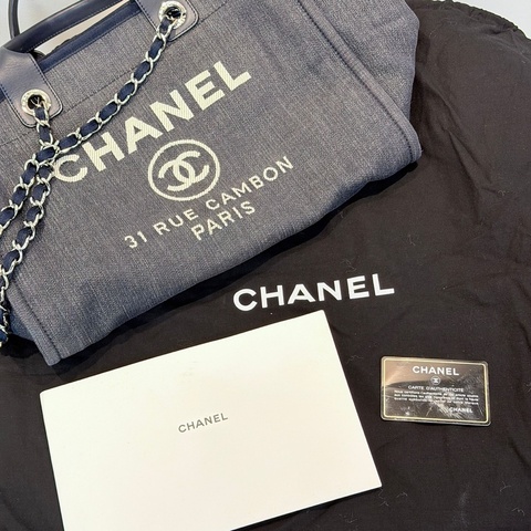 Chanel大logo 深藍牛仔帆布沙灘袋