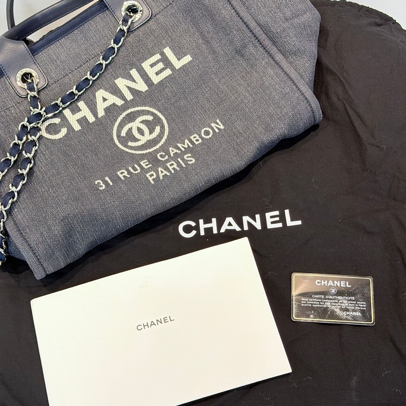 Chanel大logo 深藍牛仔帆布沙灘袋-0