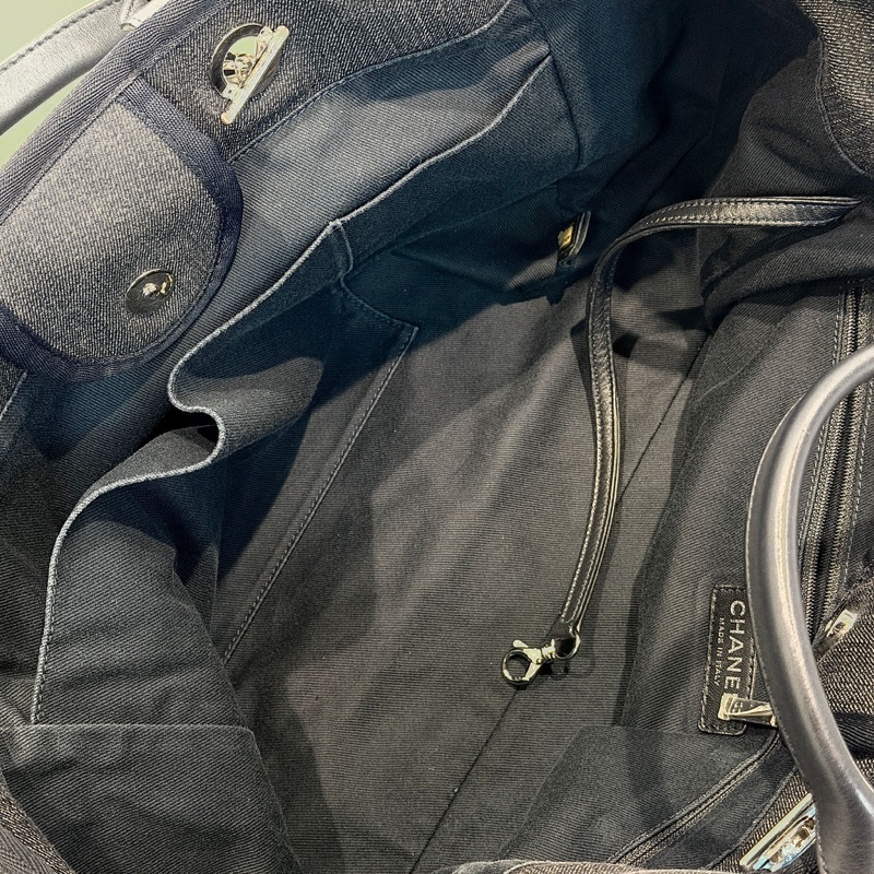 Chanel大logo 深藍牛仔帆布沙灘袋-3