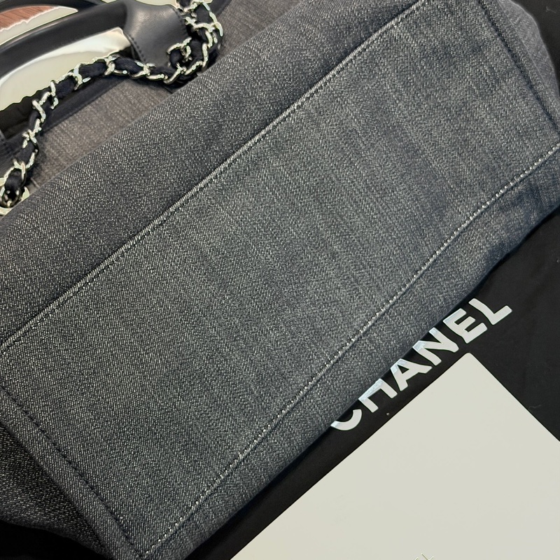 Chanel大logo 深藍牛仔帆布沙灘袋-9